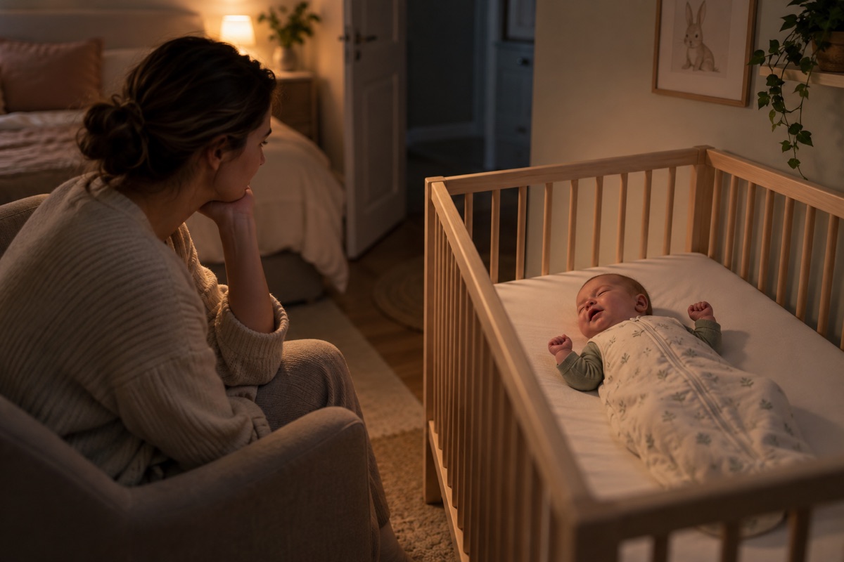 Ein Baby schläft sicher im leeren Babybett, während die Mutter ruhig daneben sitzt