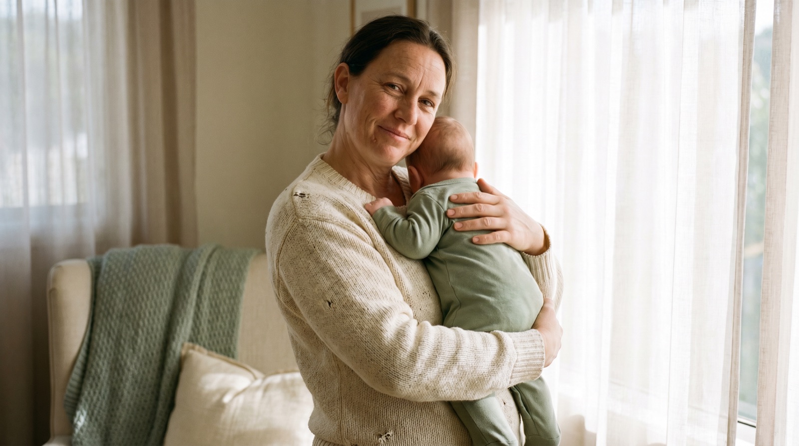 Elternteil hält ein vier Monate altes Baby am Fenster im weichen Morgenlicht