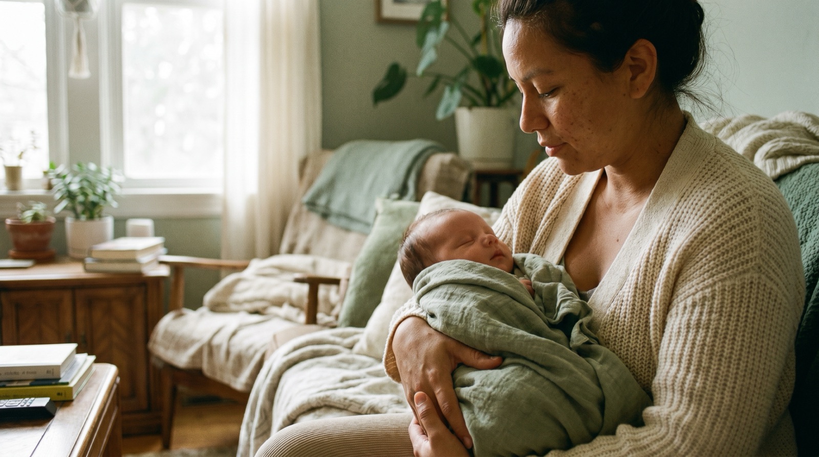 Mutter hält ihr schlafendes Baby im Arm im gemütlichen Wohnzimmer