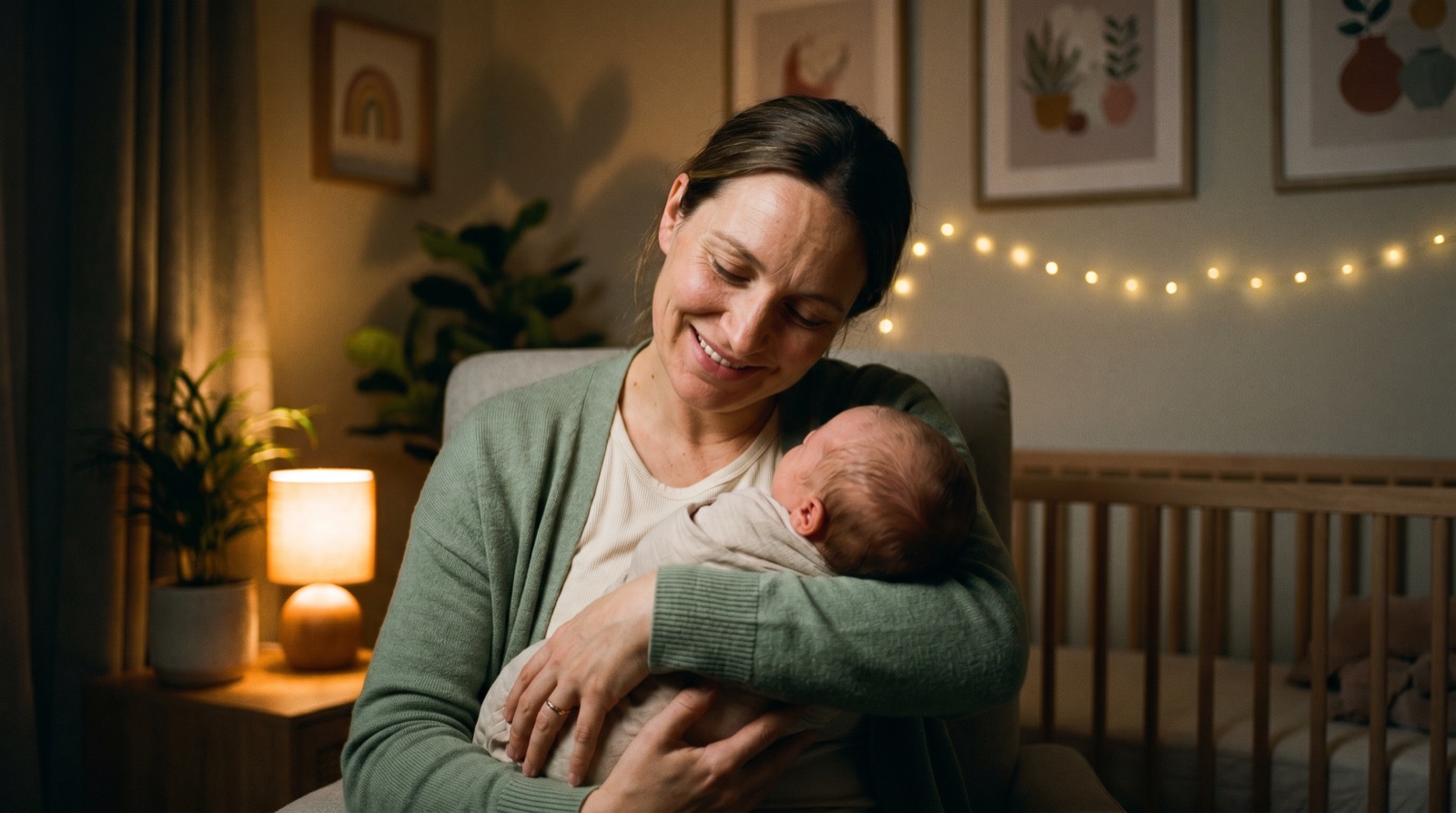 Mutter beruhigt ihr Baby nachts im sanft beleuchteten Kinderzimmer