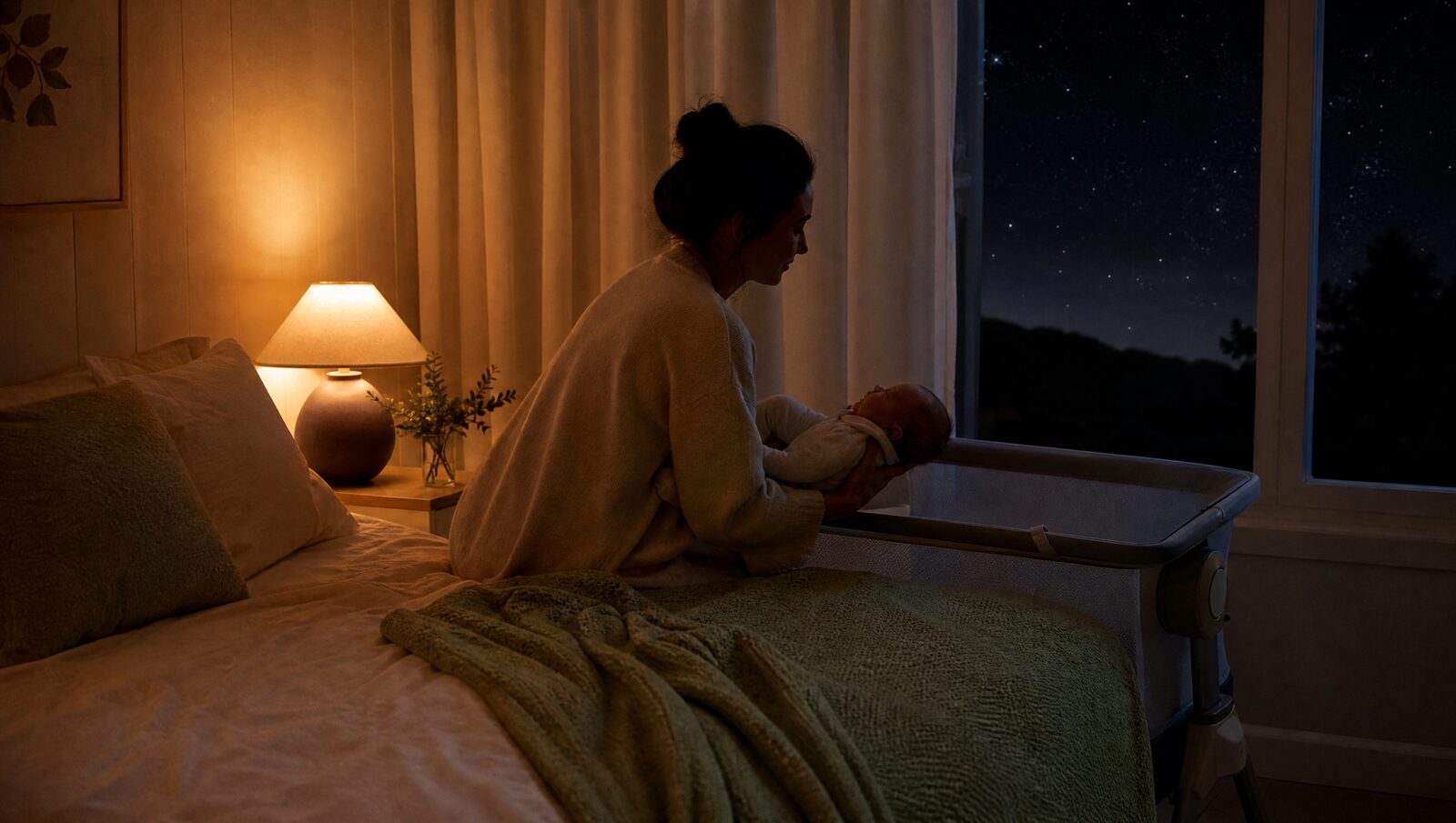 Eltern legen Baby ins Beistellbett bei warmem Lampenlicht