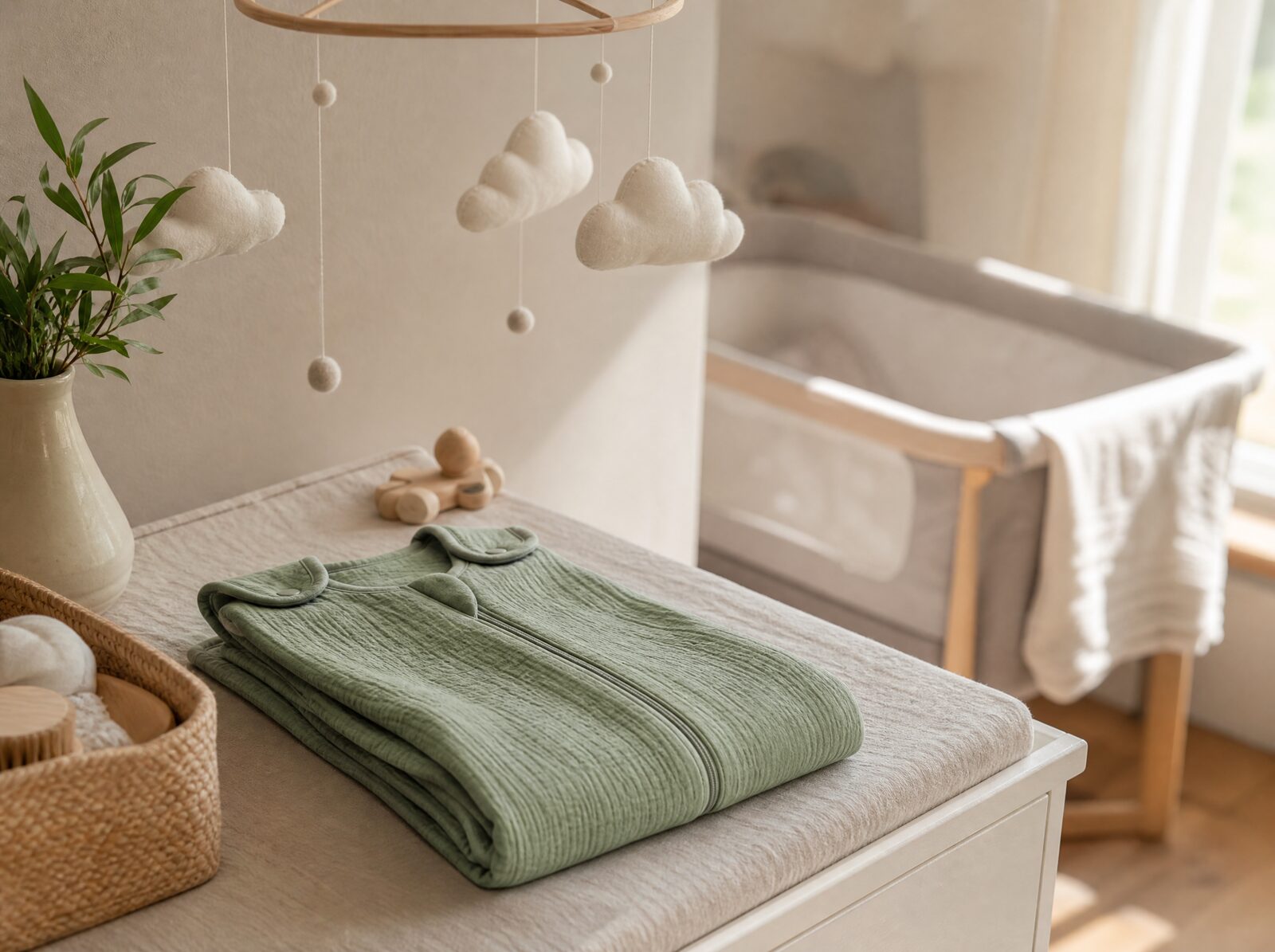 Sage-gruener Schlafsack auf einer Wickelkommode, dahinter ein Beistellbett